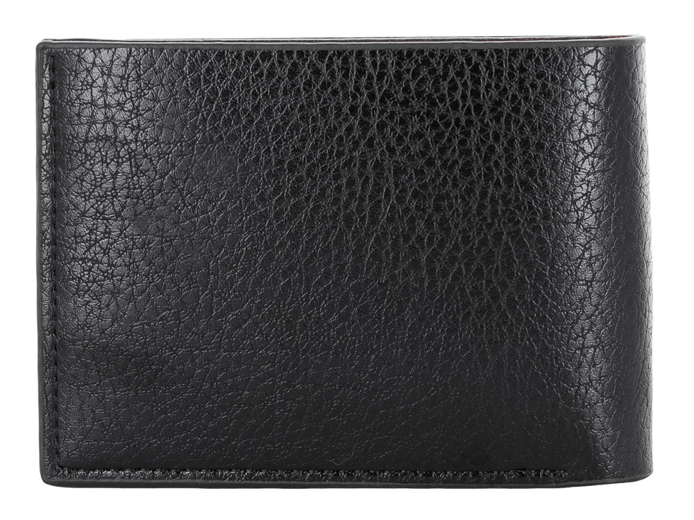 Cartera de cuero color negro con textura rugosa y costuras verticales decorativas en el lado izquierdo.