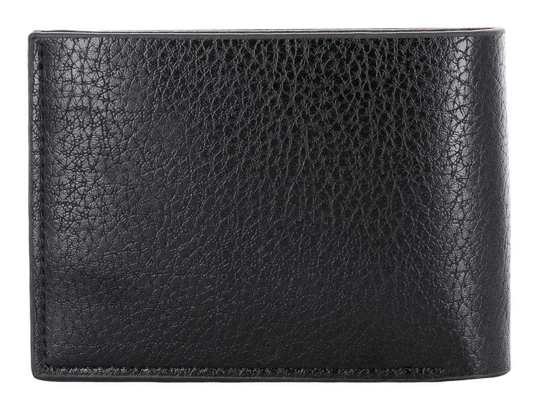 Cartera de cuero color negro con textura rugosa y costuras verticales decorativas en el lado izquierdo.