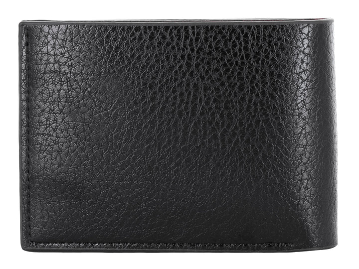 Cartera de cuero color negro con textura rugosa y costuras verticales decorativas en el lado izquierdo.
