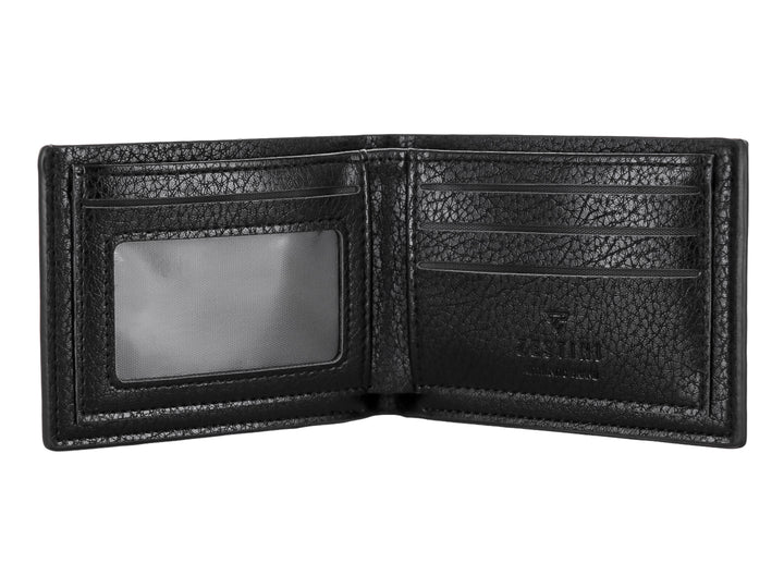Cartera de cuero color negro con textura rugosa y costuras verticales decorativas en el lado izquierdo.