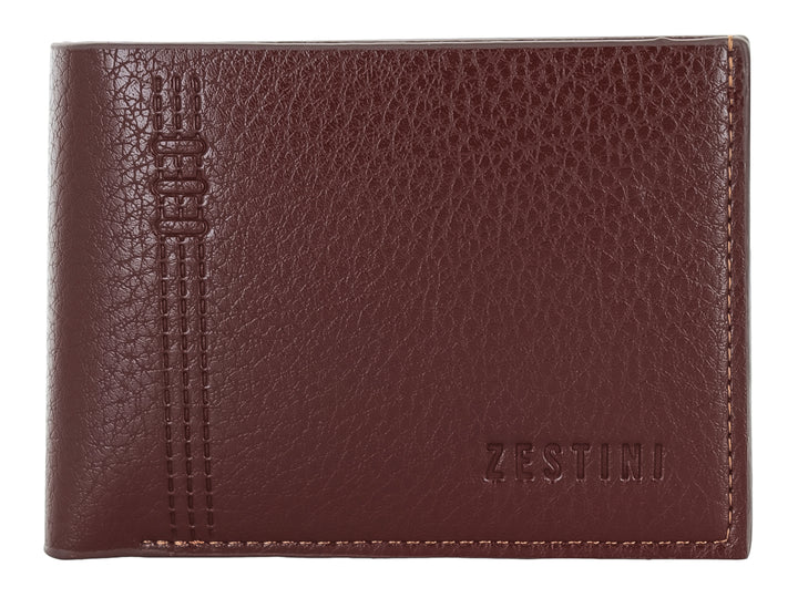 Cartera de cuero color marrón con costuras verticales decorativas y marca Zestini grabada.