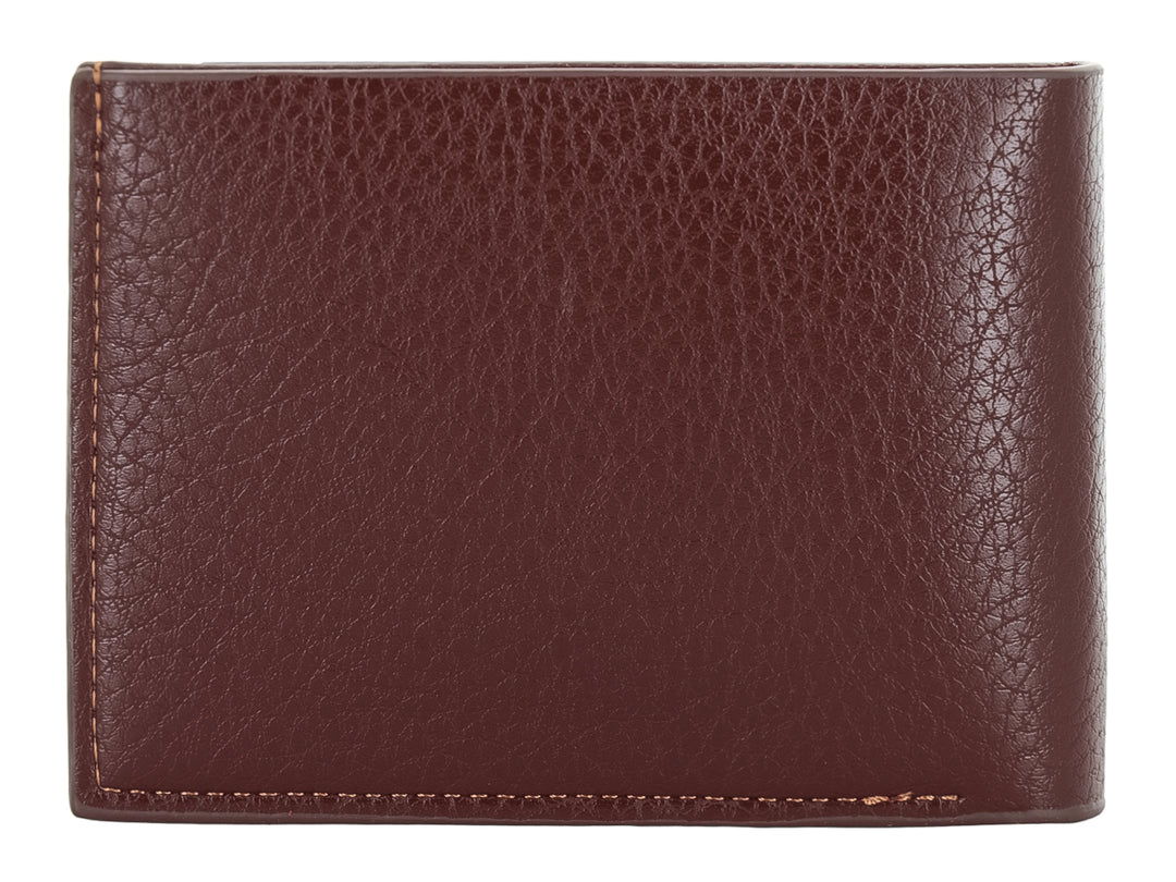 Cartera de cuero color marrón con costuras verticales decorativas y marca Zestini grabada.