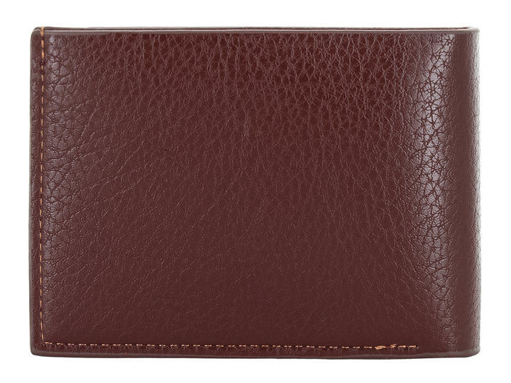 Cartera de cuero color marrón con costuras verticales decorativas y marca Zestini grabada.