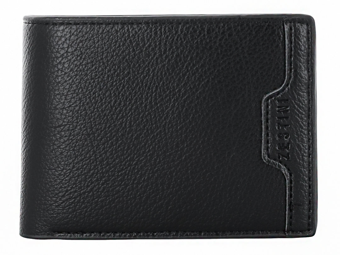 Cartera de color negro con textura rugosa y diseño clásico plegable.