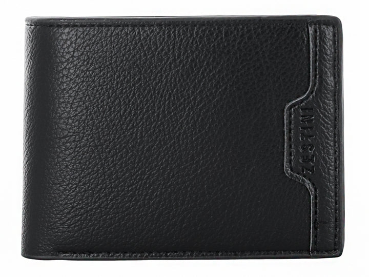 Cartera de color negro con textura rugosa y diseño clásico plegable.
