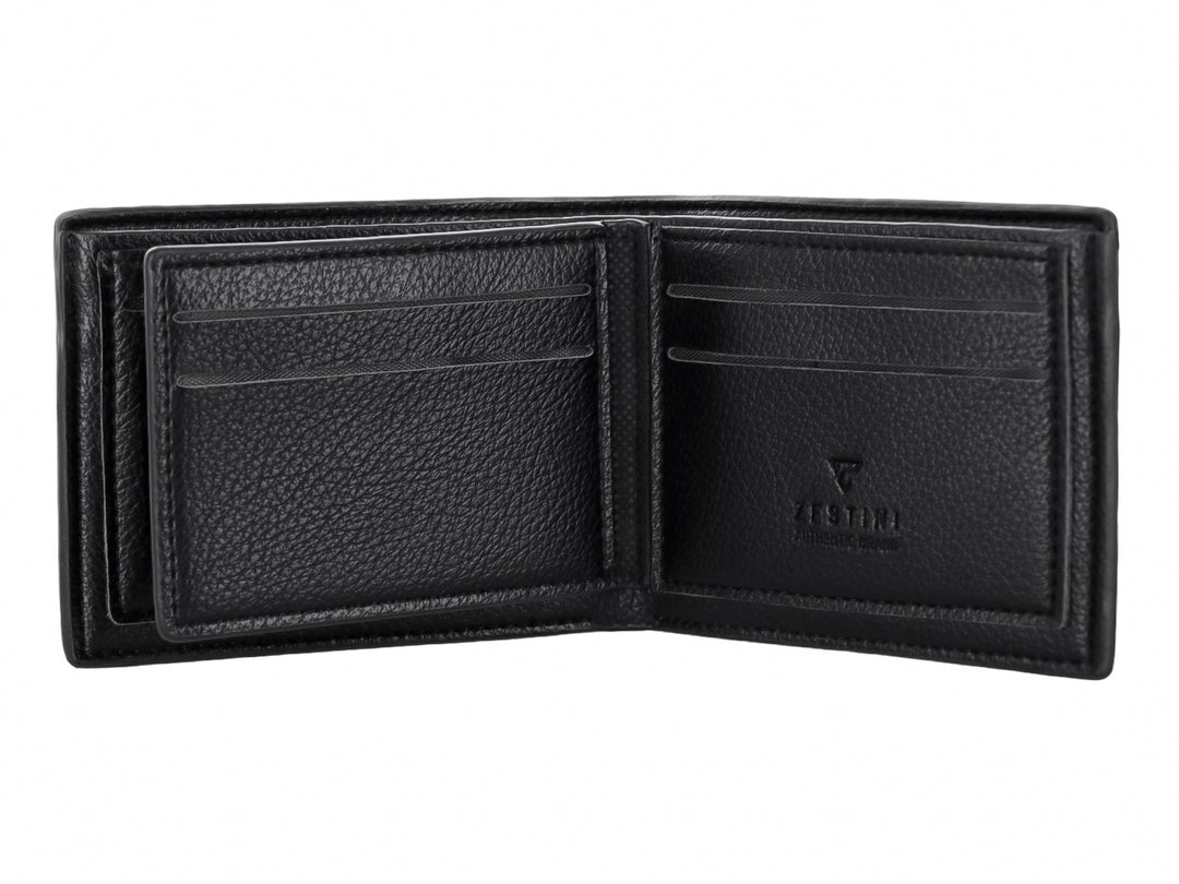Cartera de color negro con textura rugosa y diseño clásico plegable.