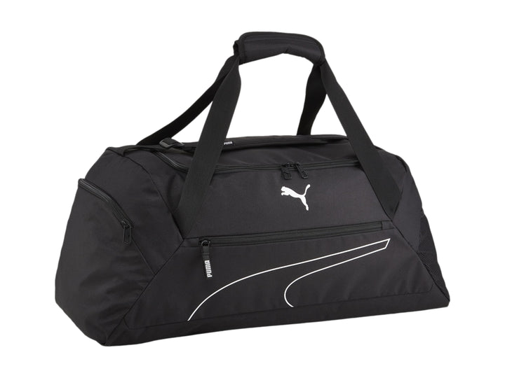 Bolsa de deporte Puma color negro con asa superior y detalles en blanco.
