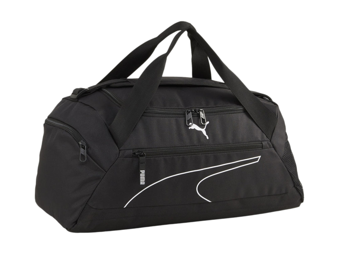 Bolsa deportiva PUMA color negro, tamaño pequeño, con asas y detalles en blanco.