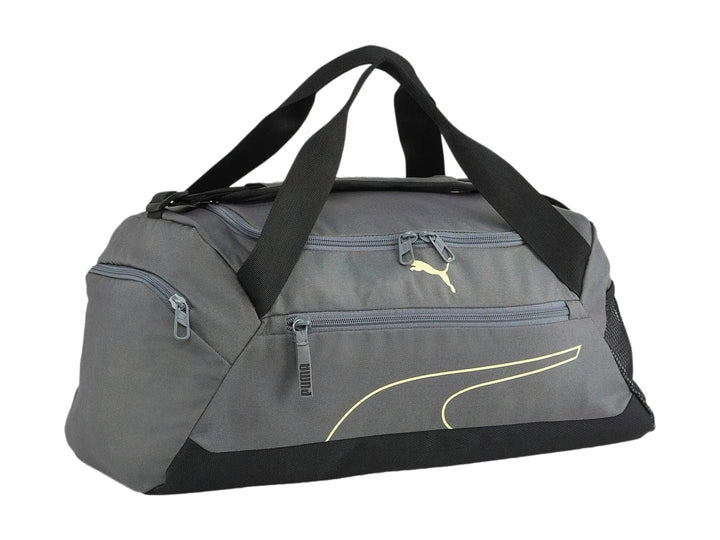 Bolsa de deporte PUMA color gris con base y asas negras y detalles en amarillo lima.