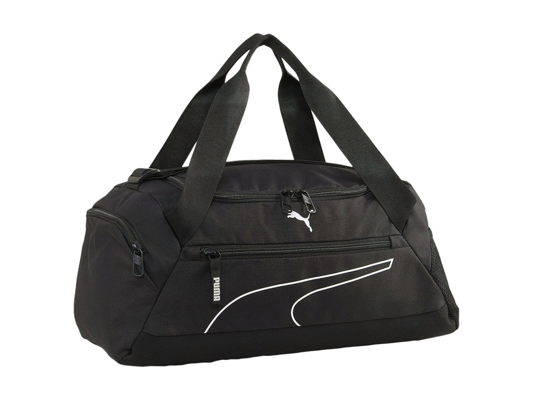 Bolsa deportiva PUMA Fundamentals XS en color negro con logotipo blanco y asas superiores.
