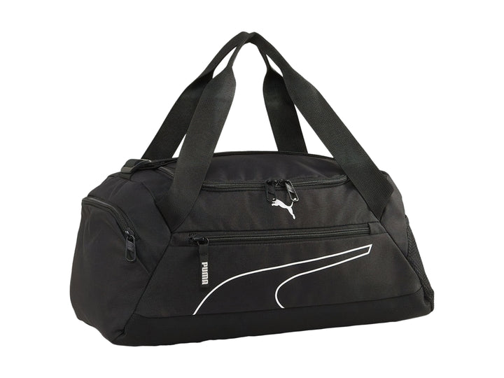Bolsa deportiva PUMA Fundamentals XS en color negro con logotipo blanco y asas superiores.