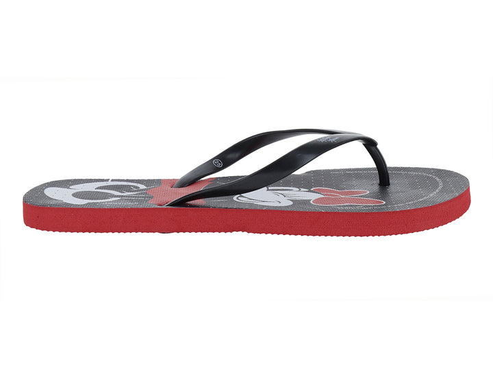 Sandalias infantiles negras y rojas con estampado de Minnie Mouse.