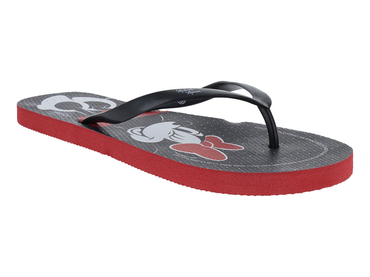 Sandalias infantiles negras y rojas con estampado de Minnie Mouse.