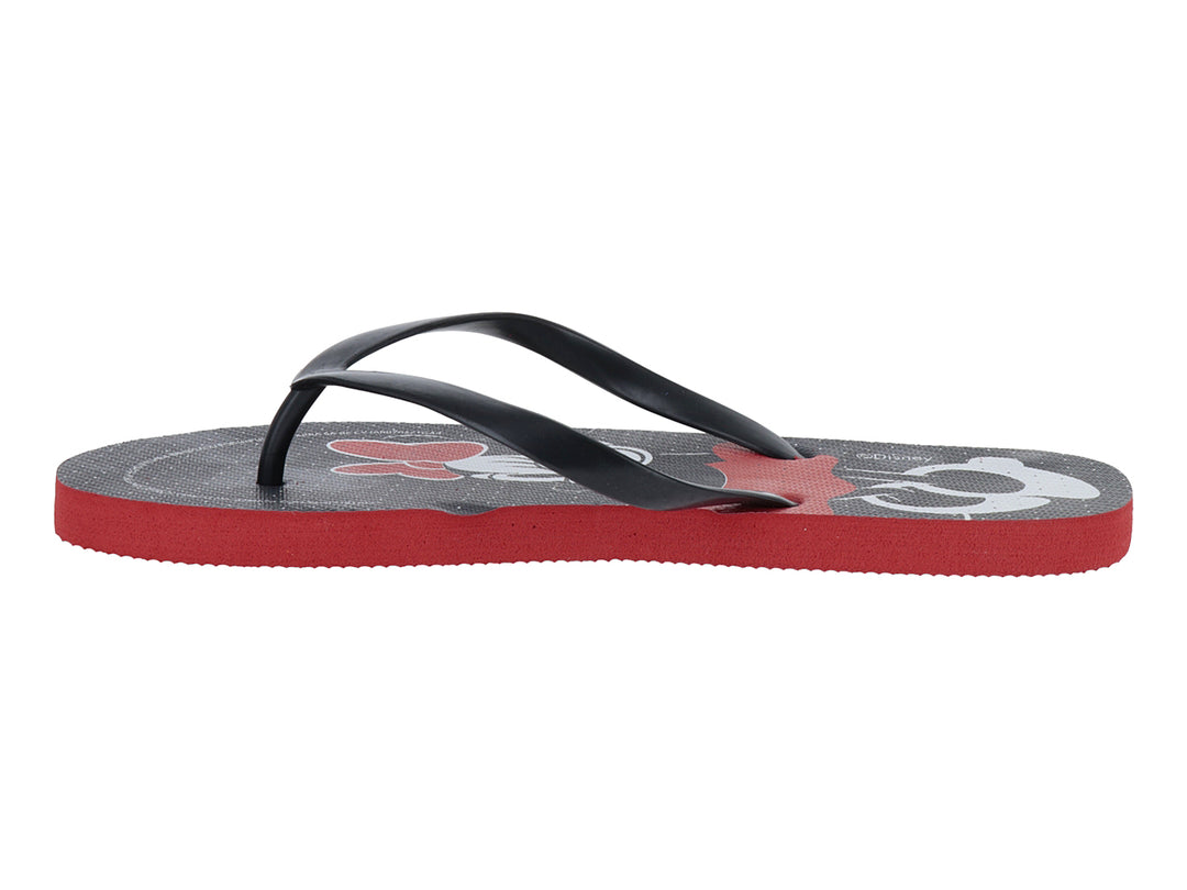 Sandalias infantiles negras y rojas con estampado de Minnie Mouse.