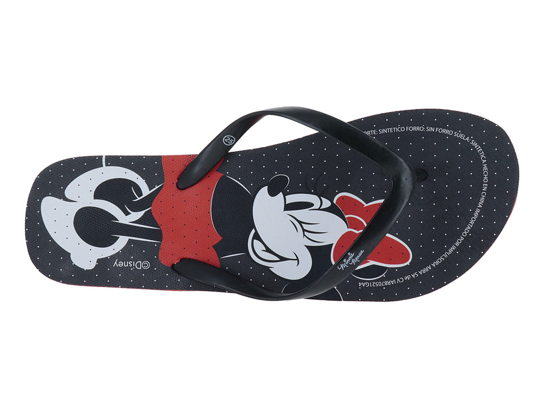 Sandalias infantiles negras y rojas con estampado de Minnie Mouse.