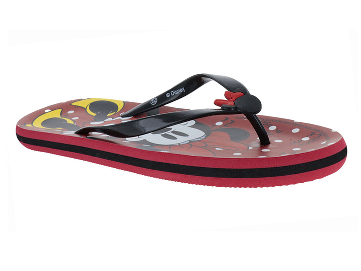 Sandalias rojas y negras con estampado de Mickey Mouse y tiras negras.