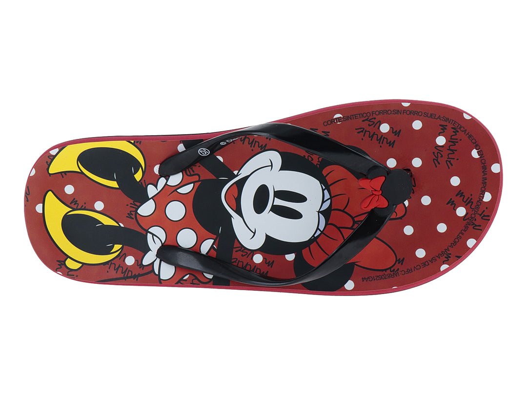 Sandalias rojas y negras con estampado de Mickey Mouse y tiras negras.