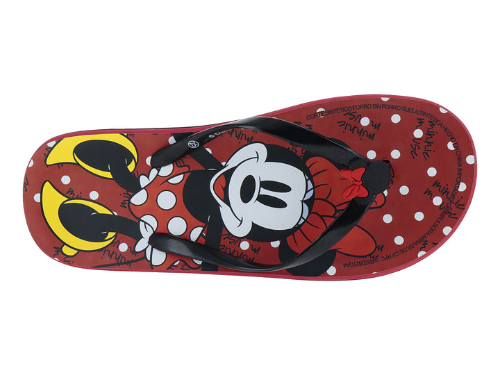 Sandalias rojas y negras con estampado de Mickey Mouse y tiras negras.