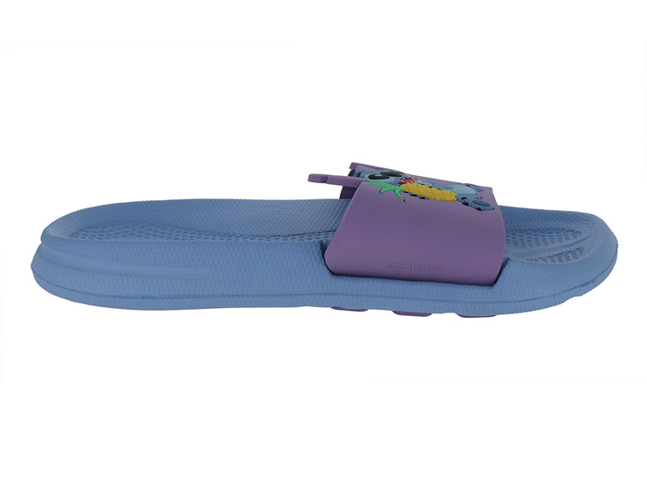 Sandalia tipo slide infantil en colores azul y lila con detalle decorativo en la correa.