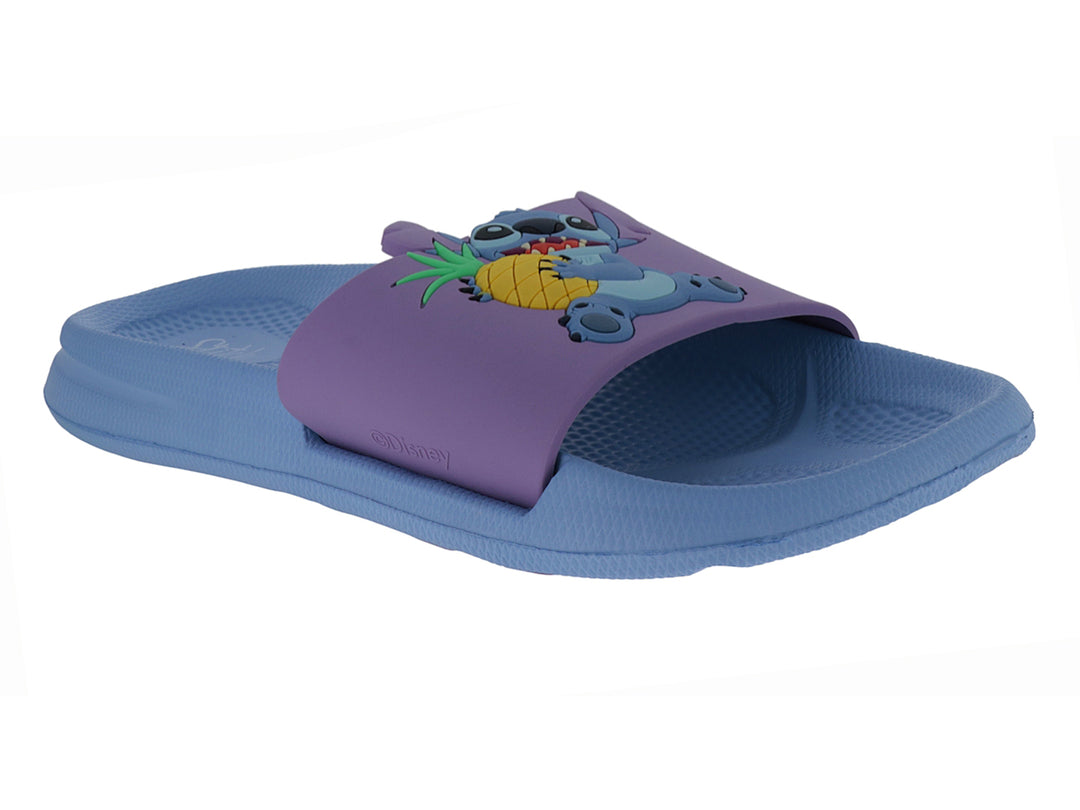 Sandalia tipo slide infantil en colores azul y lila con detalle decorativo en la correa.