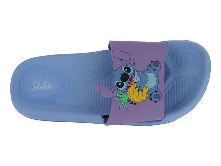 Sandalia tipo slide infantil en colores azul y lila con detalle decorativo en la correa.