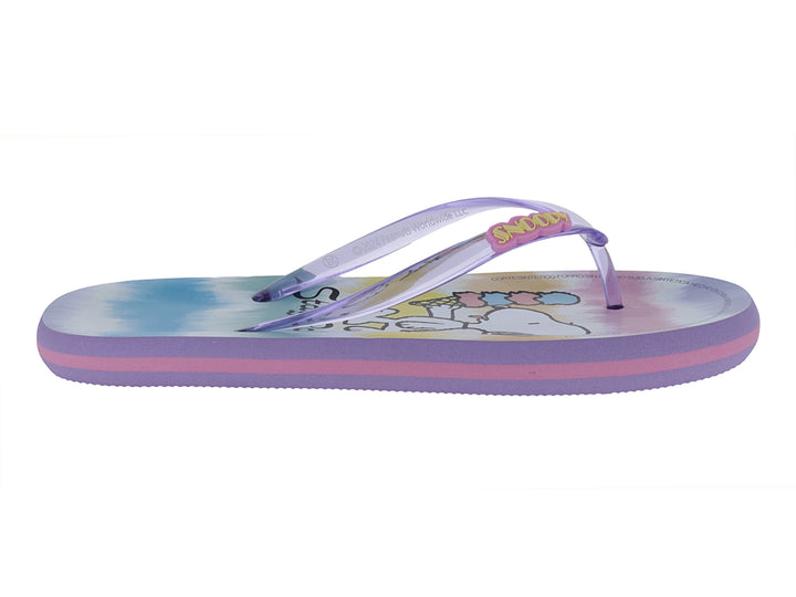 Sandalias infantiles tipo flip-flop en colores rosa, morado y azul con estampado de Snoopy.