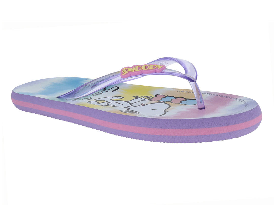 Sandalias infantiles tipo flip-flop en colores rosa, morado y azul con estampado de Snoopy.