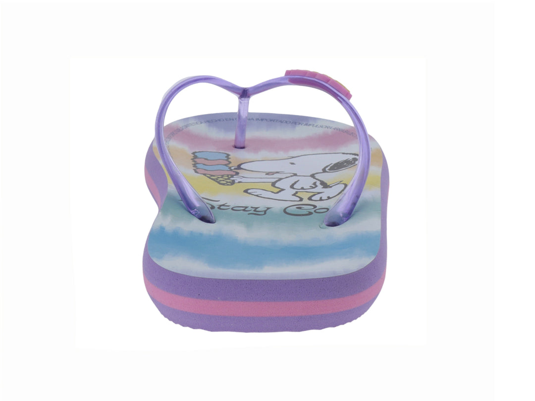 Sandalias infantiles tipo flip-flop en colores rosa, morado y azul con estampado de Snoopy.