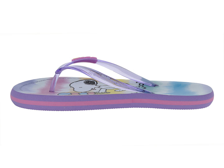 Sandalias infantiles tipo flip-flop en colores rosa, morado y azul con estampado de Snoopy.
