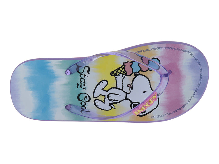Sandalias infantiles tipo flip-flop en colores rosa, morado y azul con estampado de Snoopy.