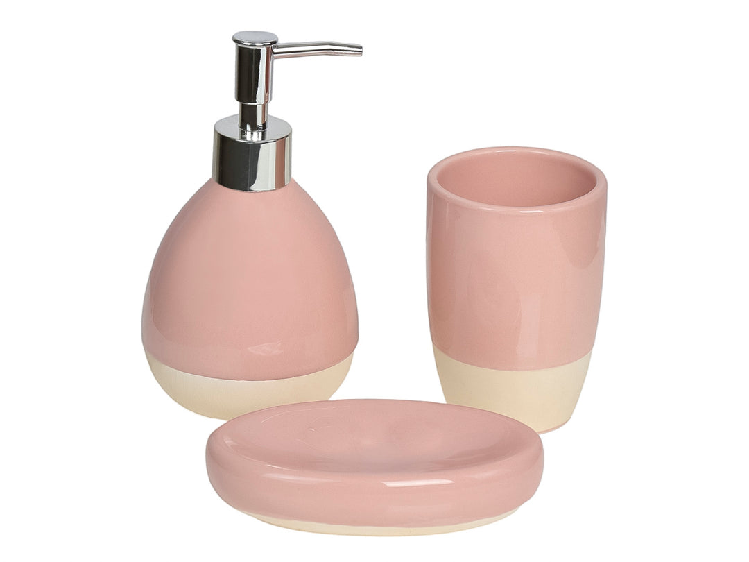 Set de baño de cerámica de 3 piezas en color rosa y blanco, incluye dispensador de jabón, portacepillos y jabonera.