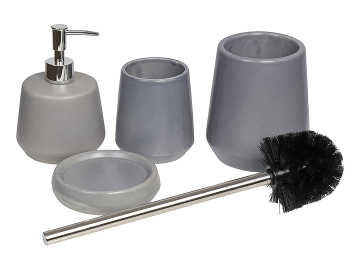 Set de accesorios para baño de 5 piezas en color gris mate, incluye dispensador, portacepillos, jabonera y cepillo.