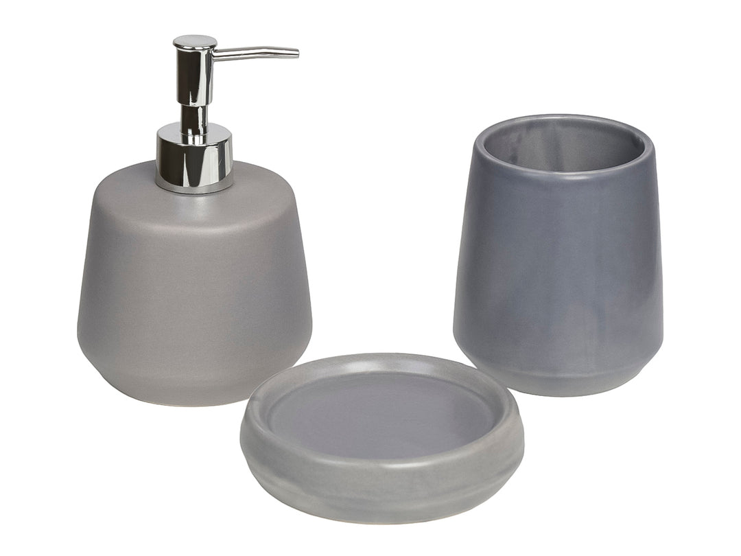 Set de accesorios para baño de 5 piezas en color gris mate, incluye dispensador, portacepillos, jabonera y cepillo.