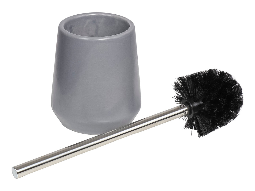 Set de accesorios para baño de 5 piezas en color gris mate, incluye dispensador, portacepillos, jabonera y cepillo.