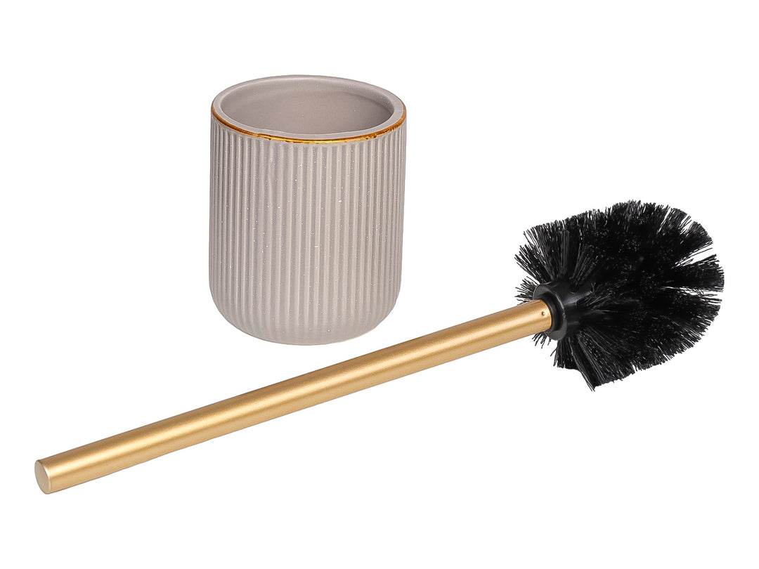 Set de accesorios para baño de 6 piezas en cerámica color beige con detalles dorados y textura acanalada.