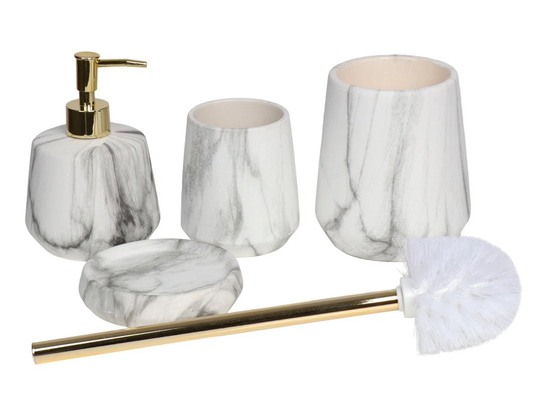 Set de accesorios para baño de cerámica con diseño de mármol blanco y negro y detalles dorados.