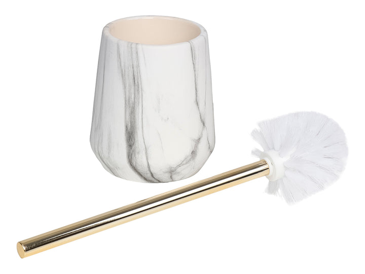 Set de accesorios para baño de cerámica con diseño de mármol blanco y negro y detalles dorados.