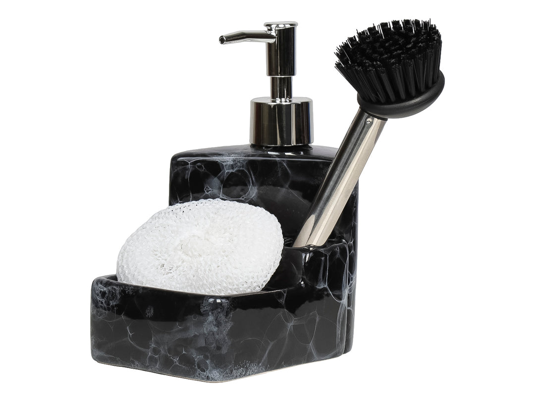 Set de baño en cerámica efecto mármol negro con dispensador de jabón, porta esponja, cepillo y fibra blanca.
