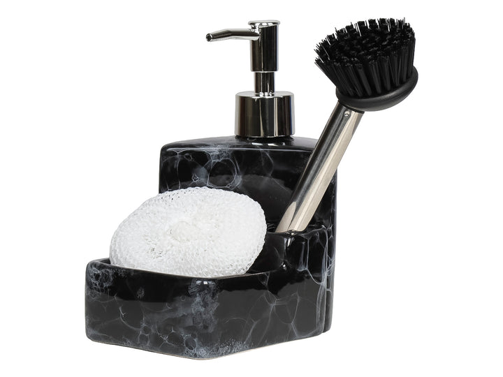 Set de baño en cerámica efecto mármol negro con dispensador de jabón, porta esponja, cepillo y fibra blanca.