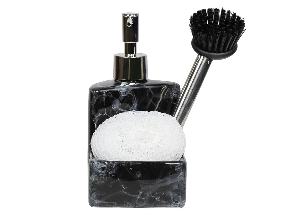 Set de baño en cerámica efecto mármol negro con dispensador de jabón, porta esponja, cepillo y fibra blanca.