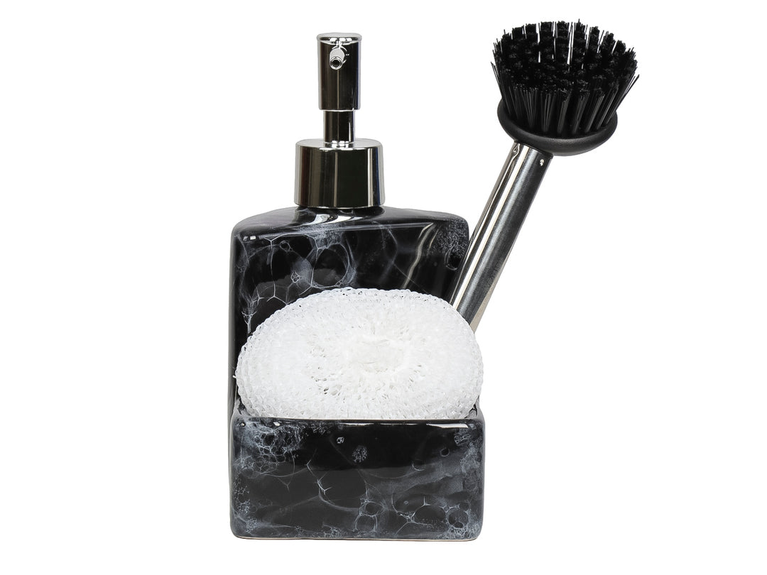 Set de baño en cerámica efecto mármol negro con dispensador de jabón, porta esponja, cepillo y fibra blanca.