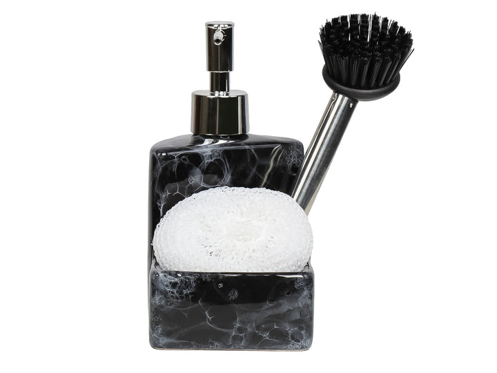 Set de baño en cerámica efecto mármol negro con dispensador de jabón, porta esponja, cepillo y fibra blanca.