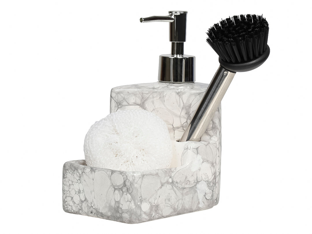 Set de baño en cerámica efecto mármol blanco con dispensador de jabón, porta esponja, fibra y cepillo.
