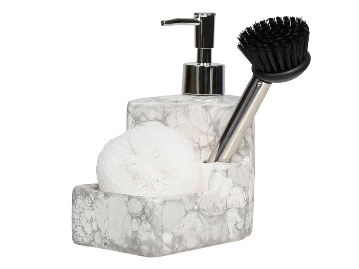Set de baño en cerámica efecto mármol blanco con dispensador de jabón, porta esponja, fibra y cepillo.