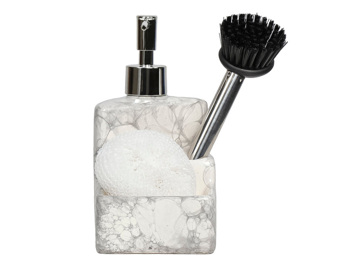 Set de baño en cerámica efecto mármol blanco con dispensador de jabón, porta esponja, fibra y cepillo.