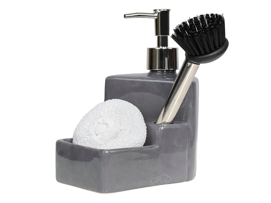 Dispensador de jabón con porta esponja en cerámica color mármol gris, incluye cepillo negro y fibra blanca.