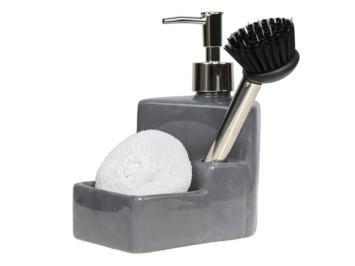 Dispensador de jabón con porta esponja en cerámica color mármol gris, incluye cepillo negro y fibra blanca.