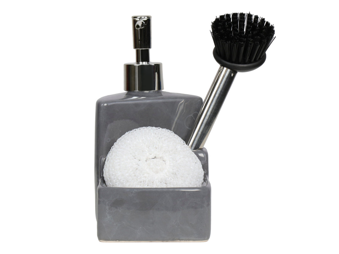 Dispensador de jabón con porta esponja en cerámica color mármol gris, incluye cepillo negro y fibra blanca.