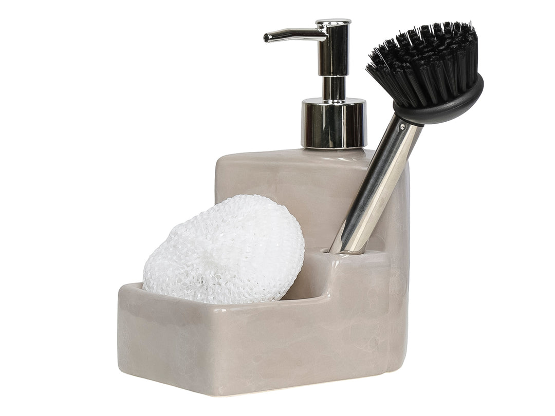 Dispensador de jabón con porta esponja en cerámica beige efecto mármol, incluye cepillo negro y fibra blanca.