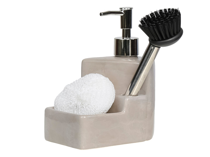 Dispensador de jabón con porta esponja en cerámica beige efecto mármol, incluye cepillo negro y fibra blanca.